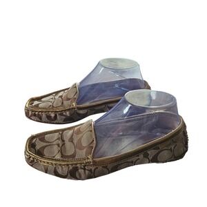 Coach Monogram Jacquard Driving Loafers Brown Bronze Metallic Trim Womens